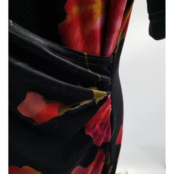 Vintage Los Angeles Woman Velvet Maxi Dress Size 14 Black Floral Faux Wrap - Picture 4 of 8